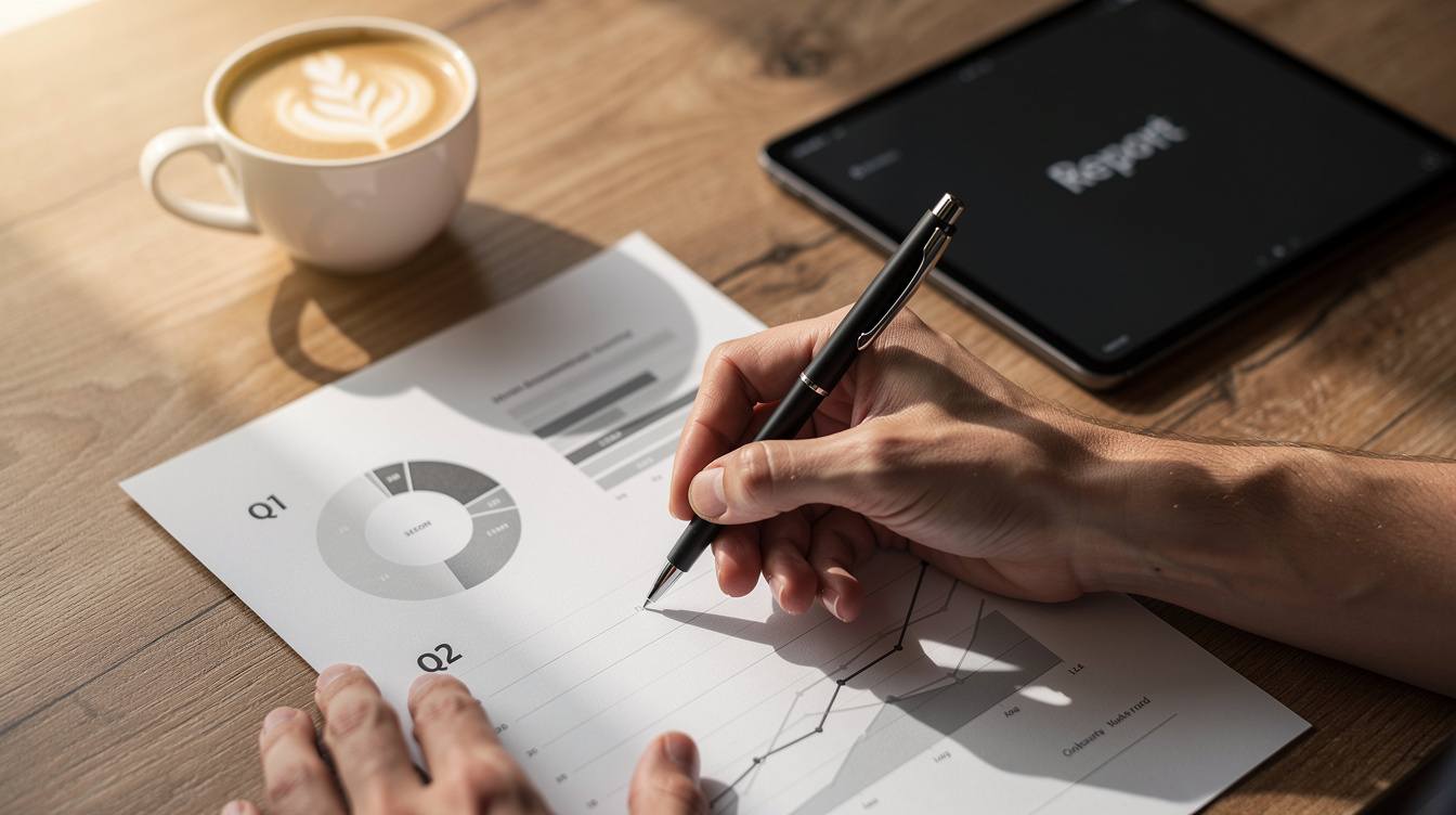 Close-up of hands writing notes with printed reports and a pen on a desk