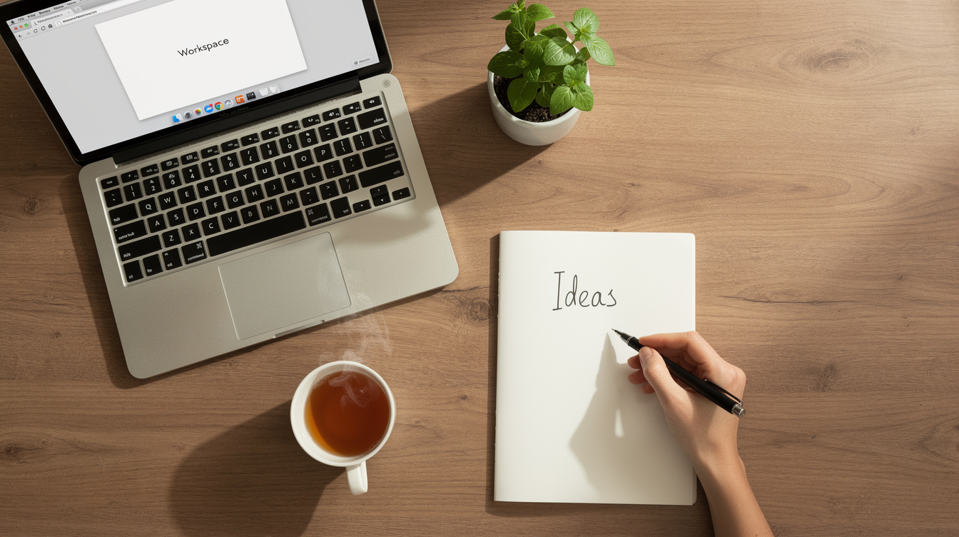 Person writing in a notebook next to an open laptop on a desk