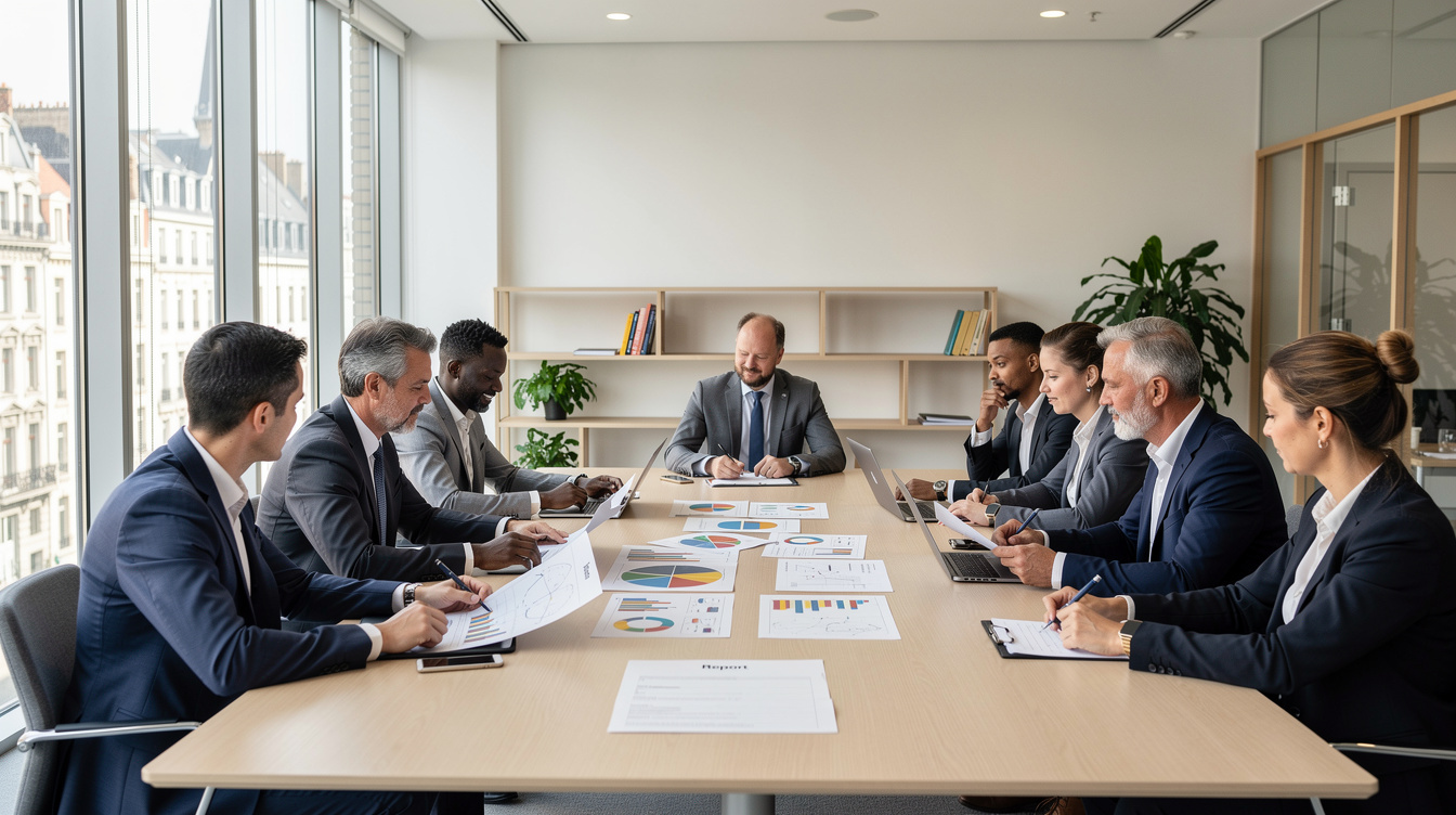 Business professionals discussing strategy documents in a modern Brussels office