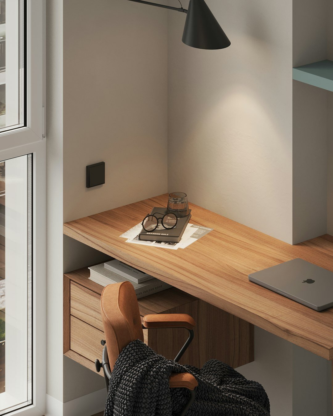 Modern minimalist office interior with large windows and wooden desks
